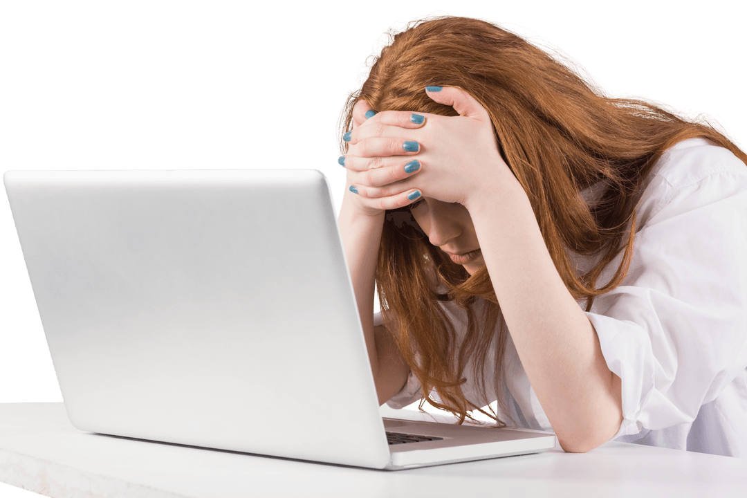Frustrated Redhead Working on Laptop with Transparent Background