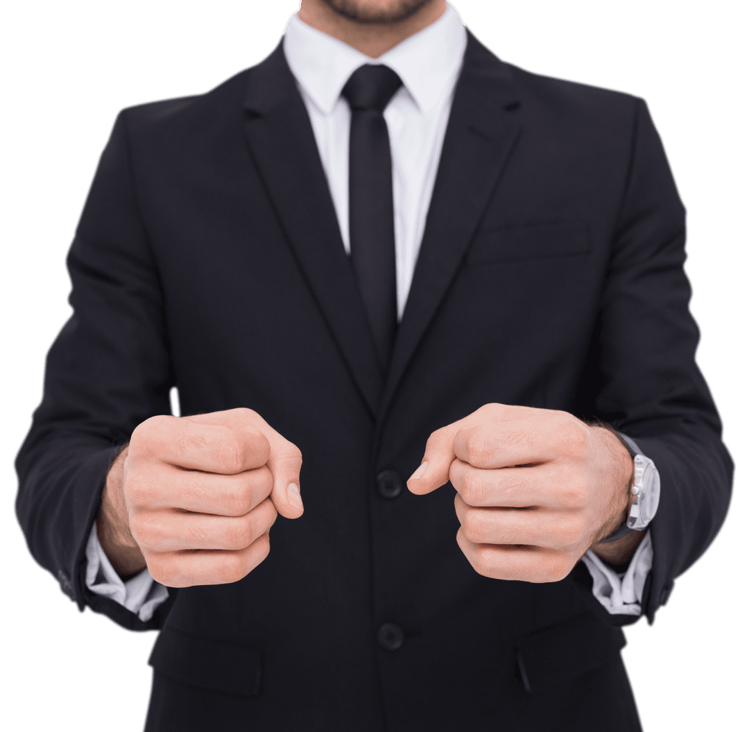Professional in Suit Clenching Fists Isolated on Transparent Background