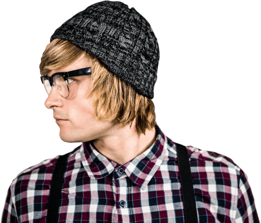 Side View of Transparent Blond Hipster in Plaid Shirt and Glasses