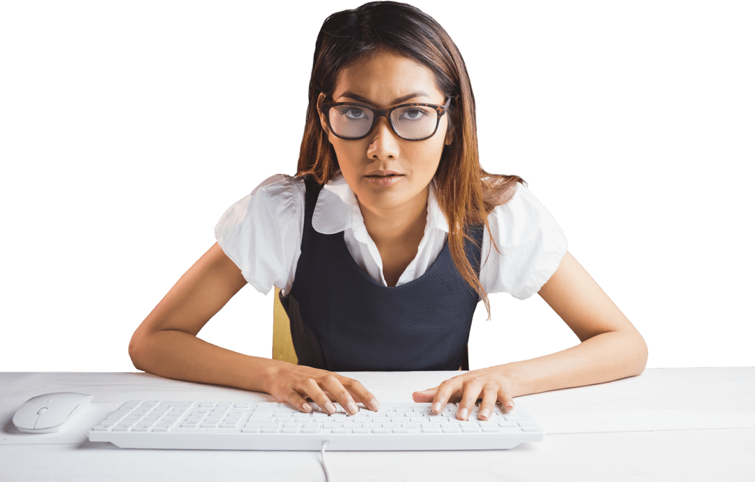 Transparent Professional Woman Concentrating on Work at Laptop Keyboard