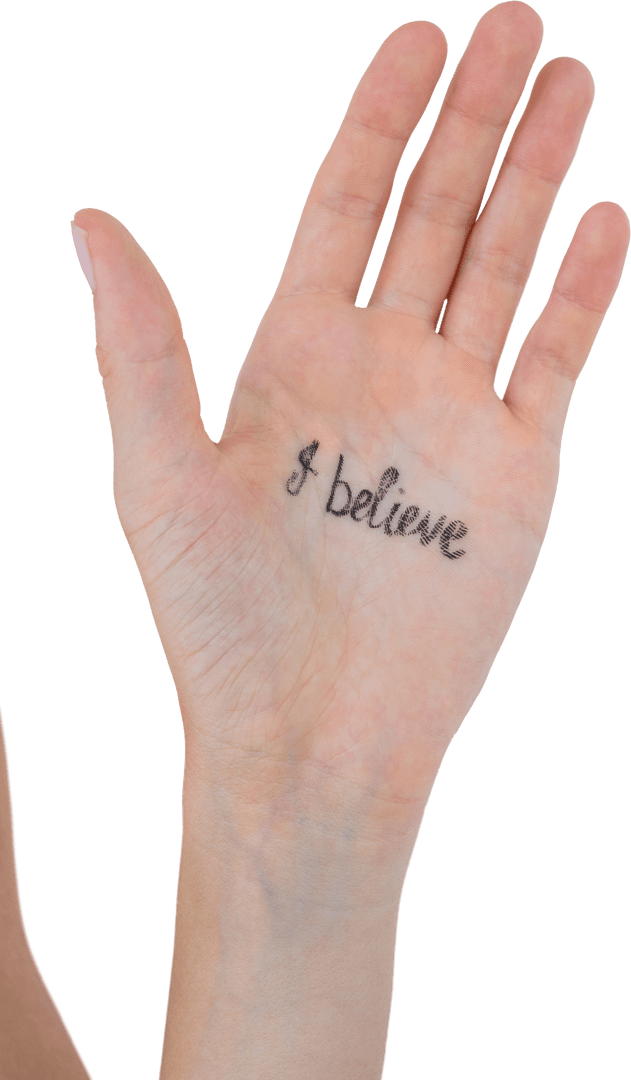 Close-up Transparent Hand Showing 'I Believe'