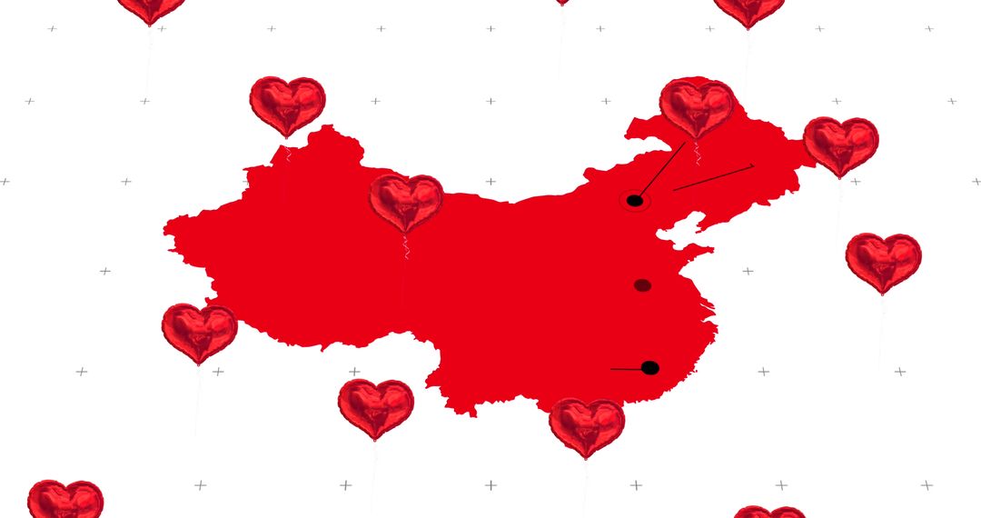 Heart Shaped Balloons Floating Over Red Map