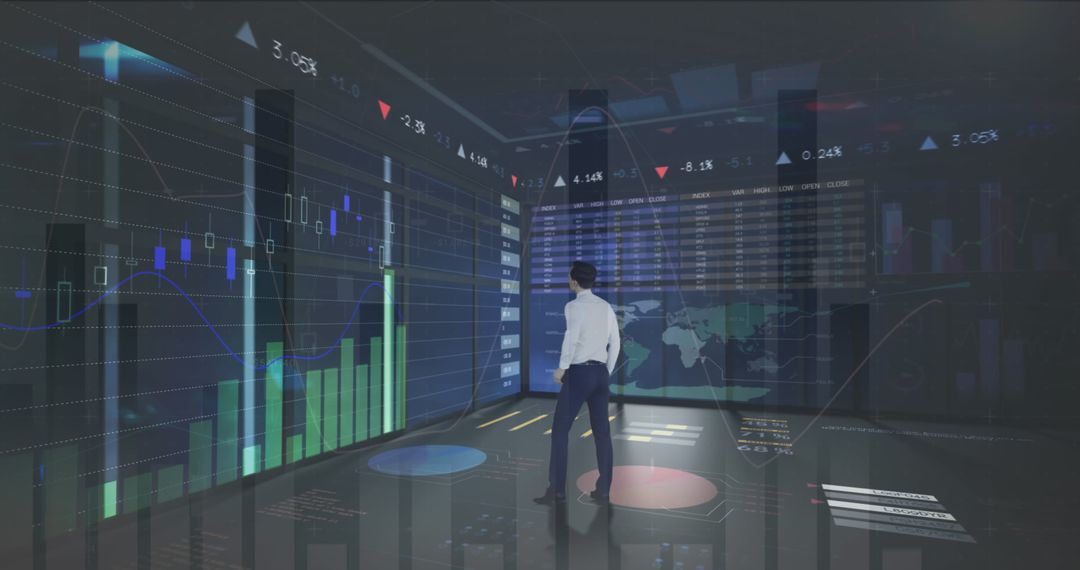 Businessman Analyzing Financial Data in Virtual Environment