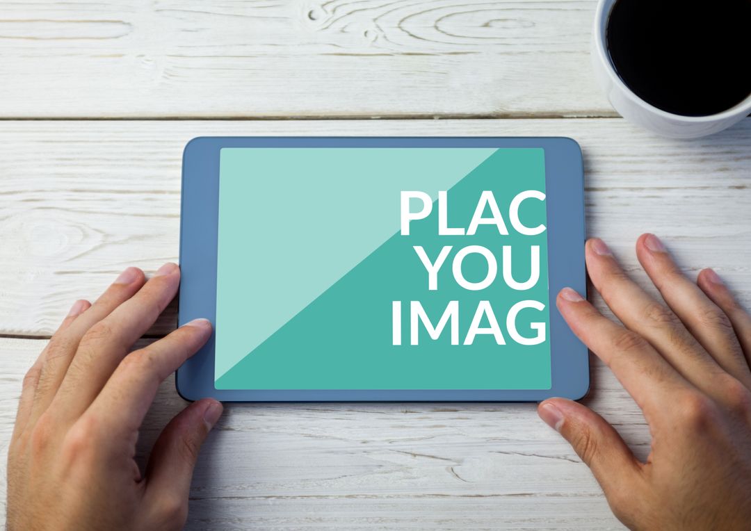 Tablet with Customizable Image Placeholder on Wooden Surface - Download Free Stock Images Pikwizard.com