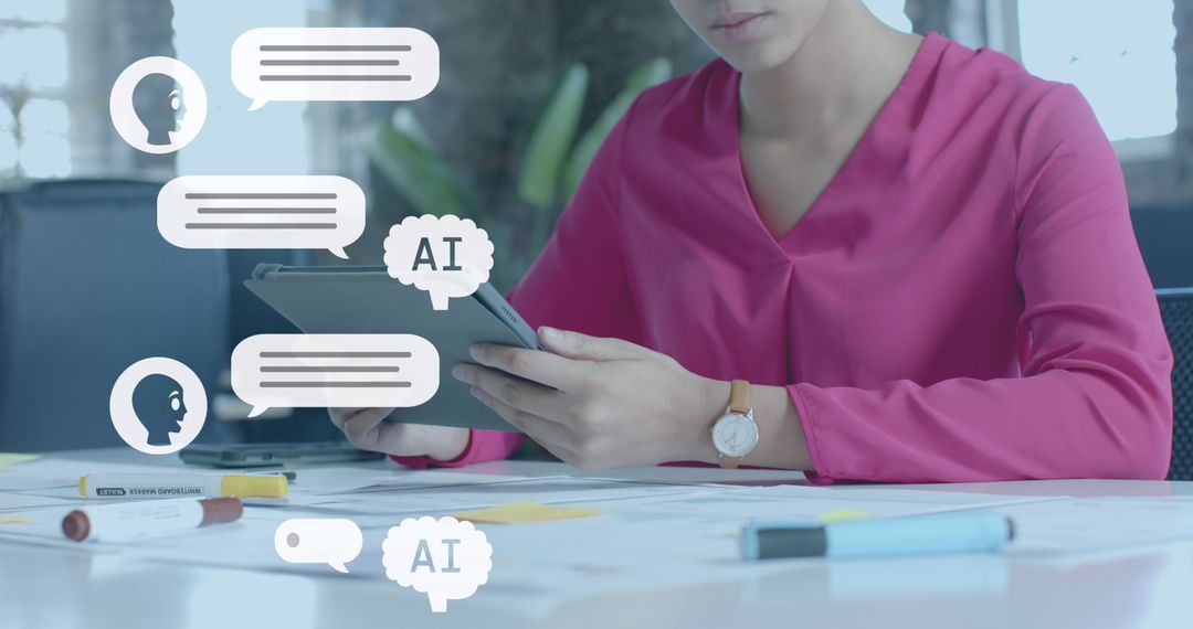 Businesswoman Using Digital AI Chat Interface with Tablet