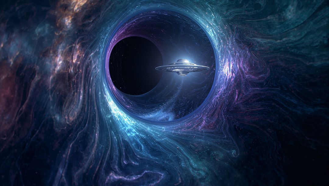 Futuristic Spacecraft Entering Wormhole in Deep Space