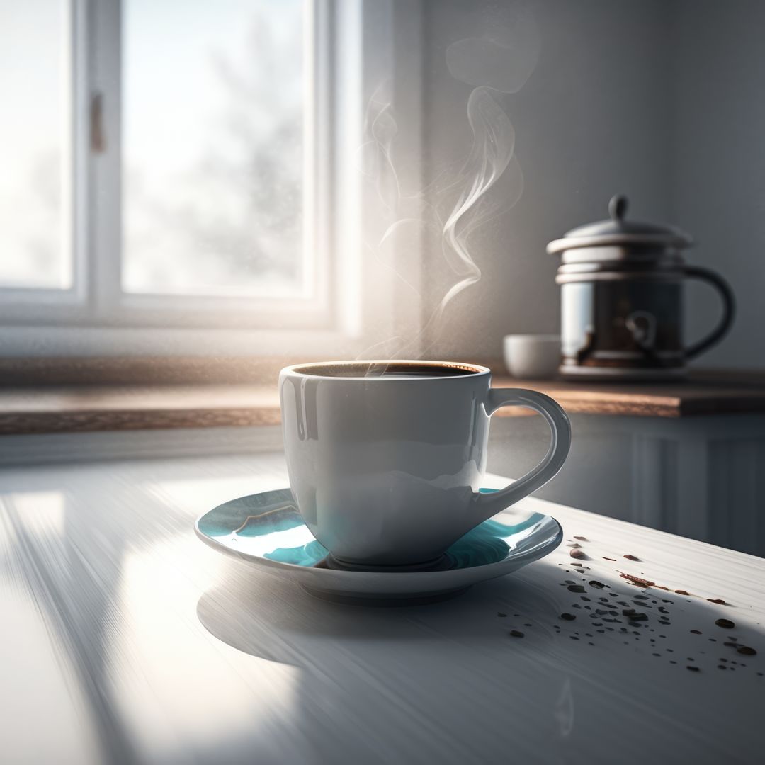 Steaming Hot Coffee Cup on Sunlit Kitchen Table - Free Images, Stock Photos and Pictures on Pikwizard.com