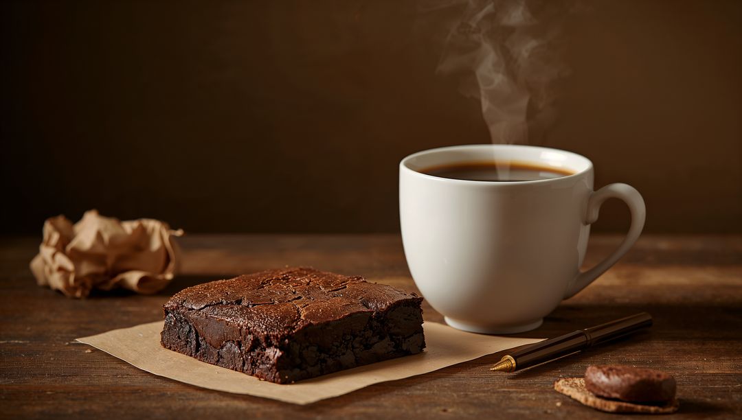 Steaming Coffee Cup with Decadent Chocolate Brownie on Rustic Wooden Table