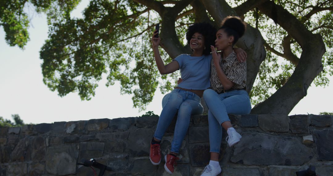 Friends Taking Selfie Outdoors on Stone Wall - Free Images, Stock Photos and Pictures on Pikwizard.com