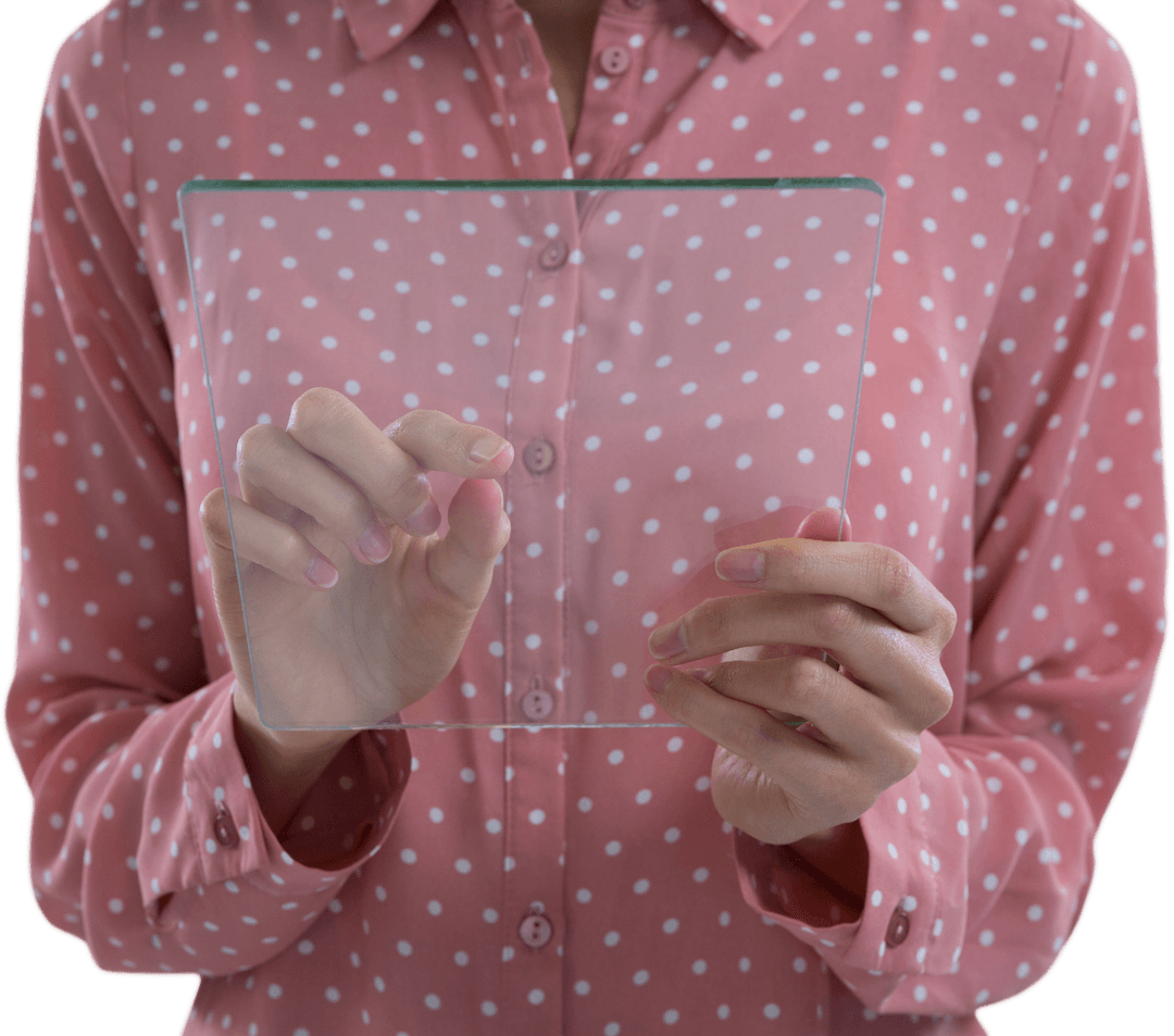 Woman Interacting with Transparent Glass Digital Tablet