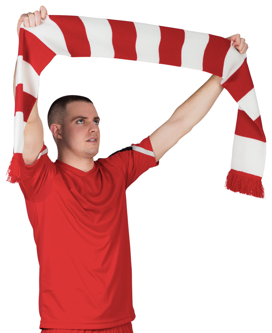 Male Fan in Red Jersey Raising Red and White Striped Scarf cheering - Download Free Stock Images Pikwizard.com