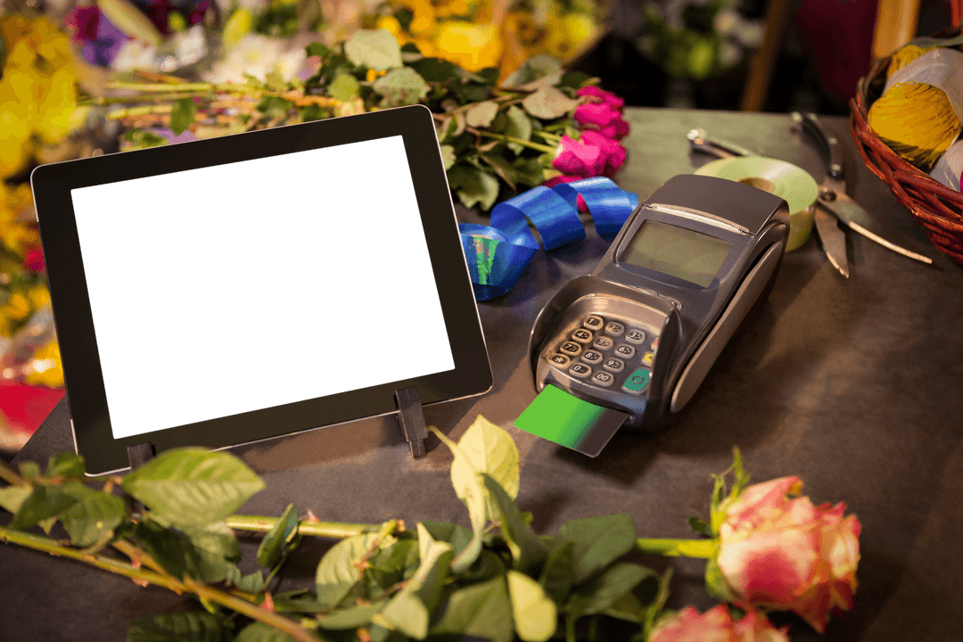 Transparent Digital Tablet Display in Colorful Floral Shop