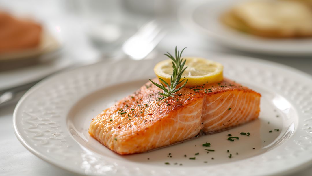 Seared Salmon Fillet with Lemon Slice and Rosemary Garnish on White Plate