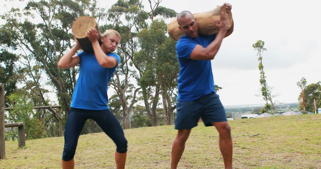 Two people lifting wooden logs outdoors in a forested area - Free Images, Stock Photos and Pictures on Pikwizard.com