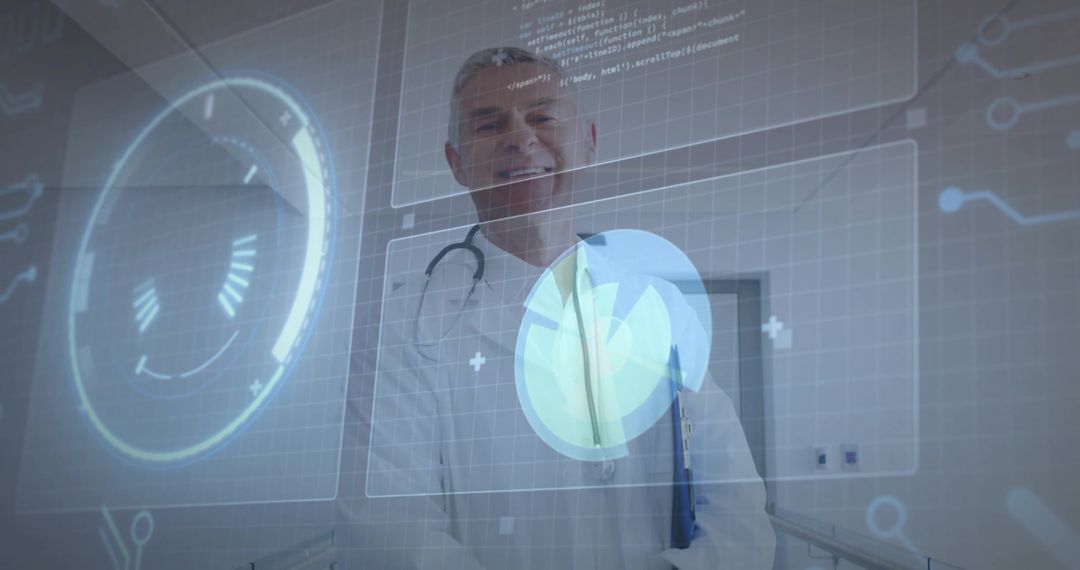 Senior physician interacting with holographic patient vitals on augmented reality display