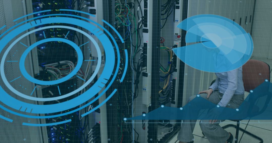 Female Engineer Working in Data Center with Virtual Graphics