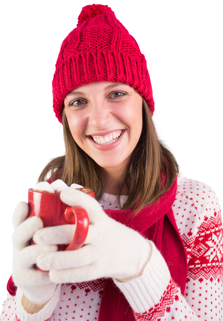 Cheerful Young Woman Holding Coffee in Winter Attire Transparent Background - Download Free Stock Images Pikwizard.com