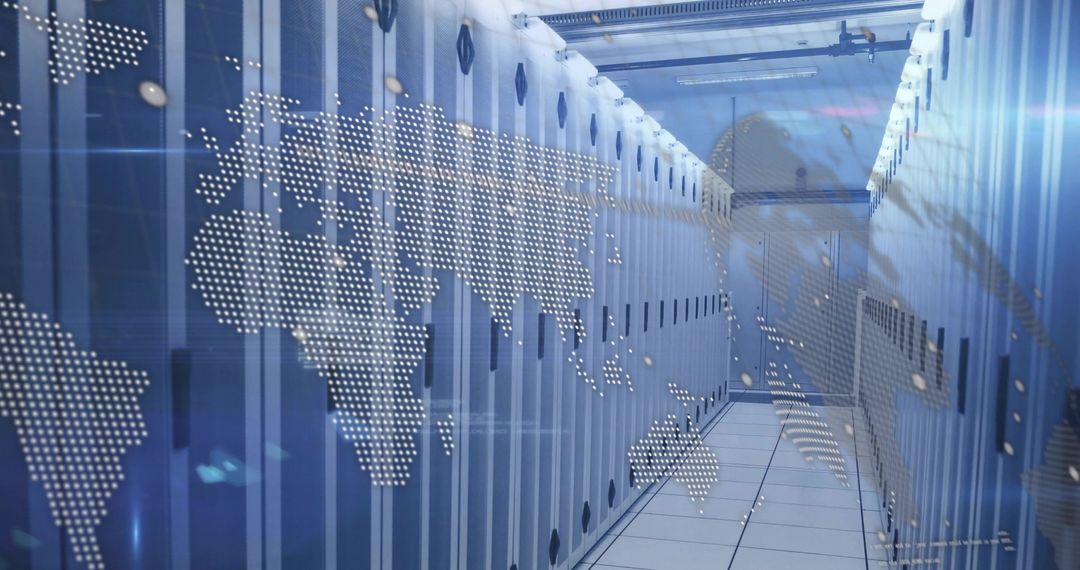 Futuristic Data Center Corridor with Holographic World Map
