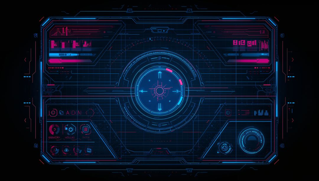 Displaying Neon Cyber HUD Control Panel with Central Reticle, Data Panels and Gridlines