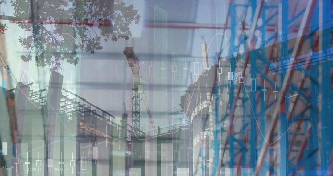 Double Exposure of Financial Data Overlaying Construction Cranes