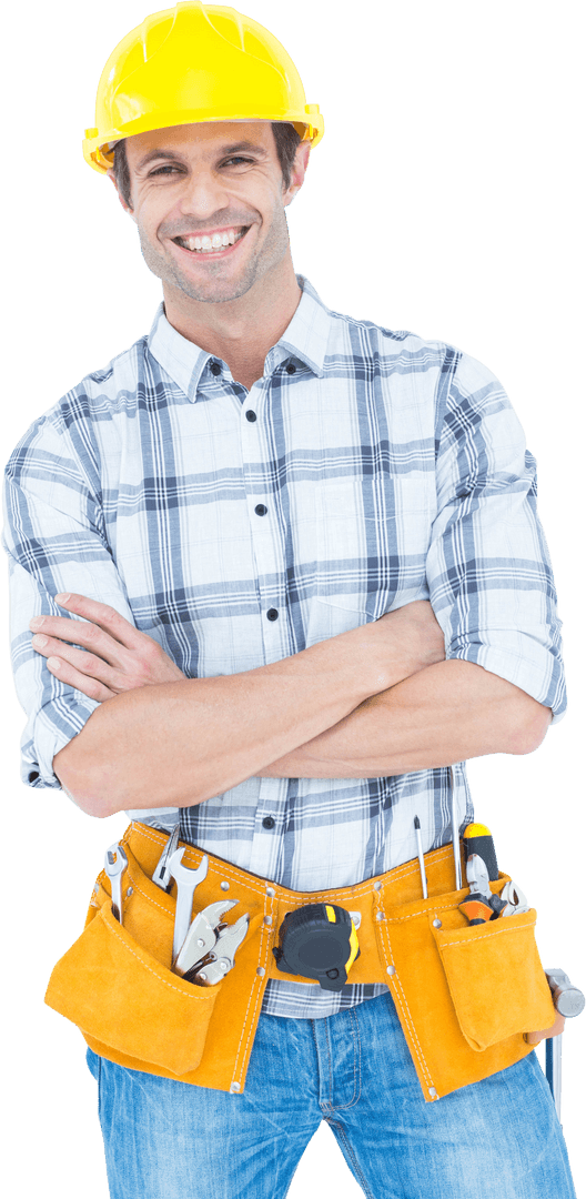 Confident Technician in Hard Hat and Tool Belt on Transparent Background