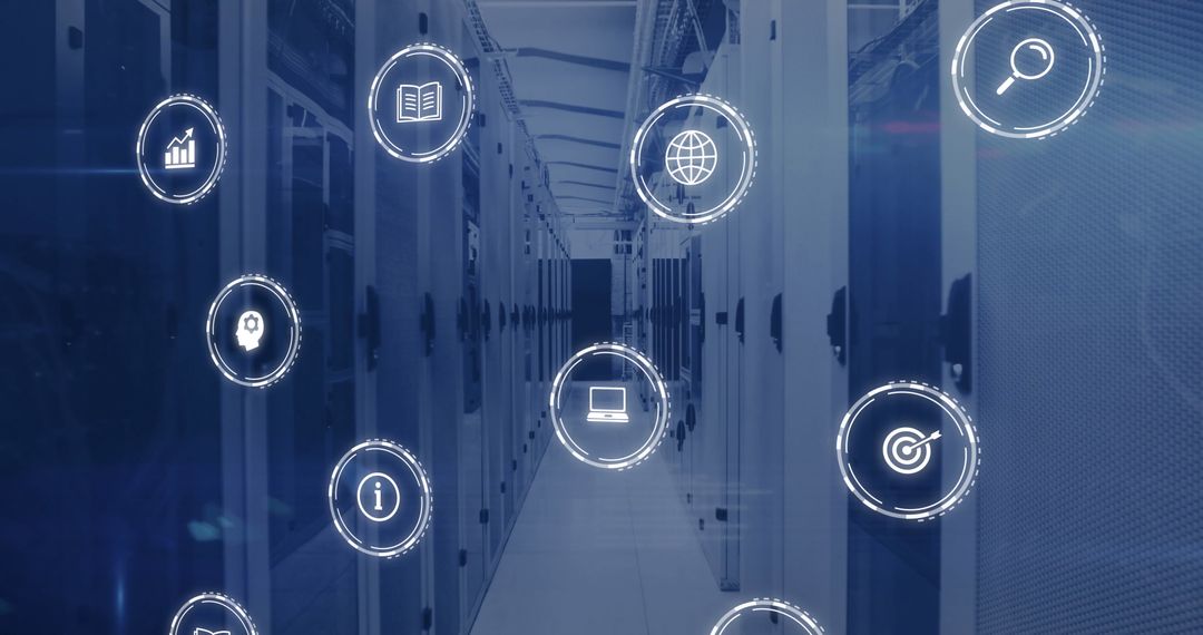 Digital Networking Symbols Over Server Room for Cyber Security