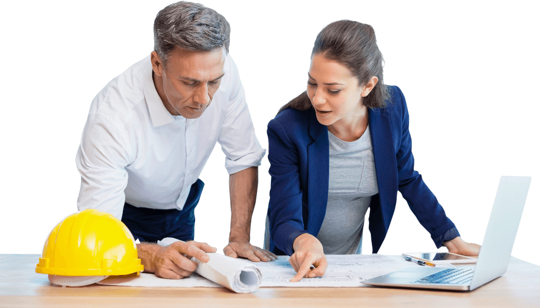 Transparent Background Architects Discuss Blueprint Design