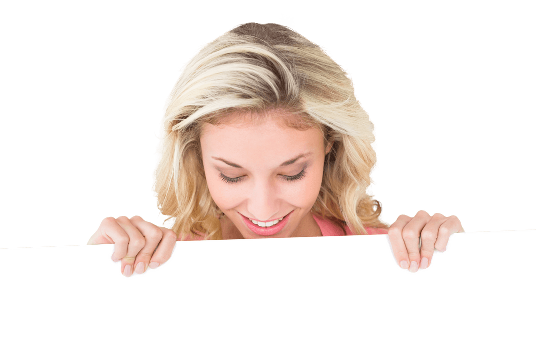 Transparent Mockup with Smiling Woman Looking Down