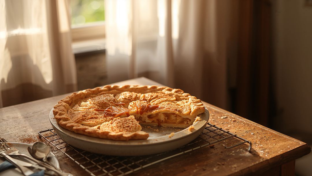 Sunlit rustic apple pie with decorative crust resting on wooden table near window