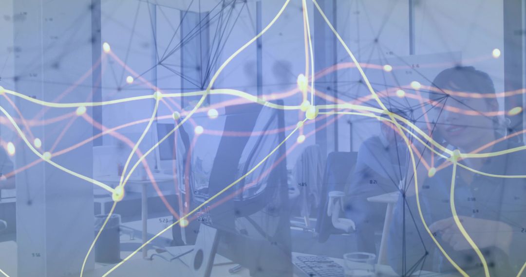 Collaborating team analyzing data overlays in open office with network graphs