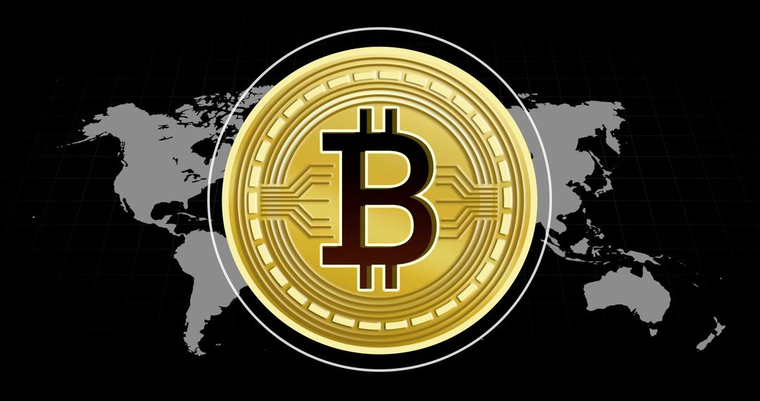 Golden Bitcoin Over World Map Representing Global Cryptocurrency