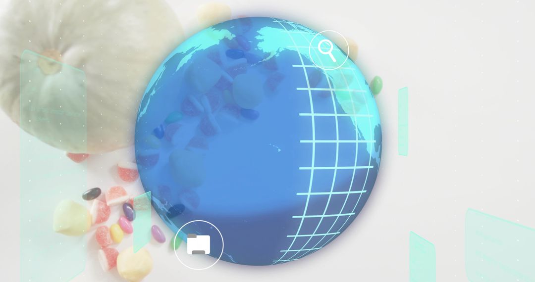 Holographic Globe Overlay with Cyan Grid and Candy Elements for Digital Interface Concept