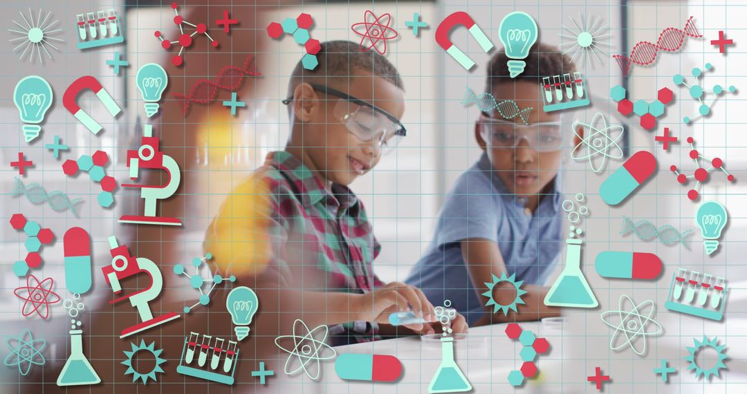 Curious Schoolboys Exploring Chemistry with Science Icons Overlay
