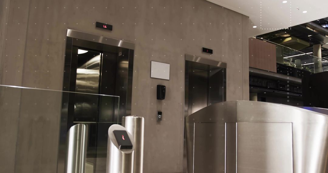 Modern Corporate Lobby with Security Turnstile and Elevator Doors