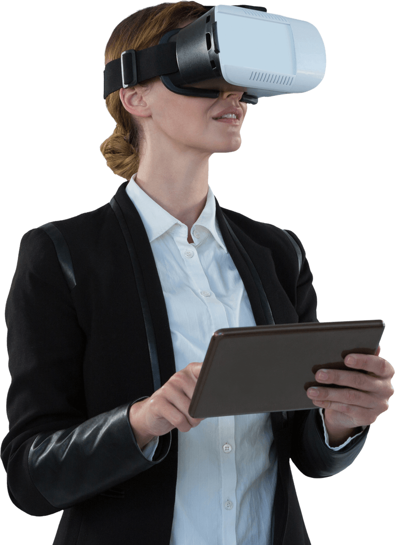 Caucasian Businesswoman Using VR Headset with Tablet Transparent
