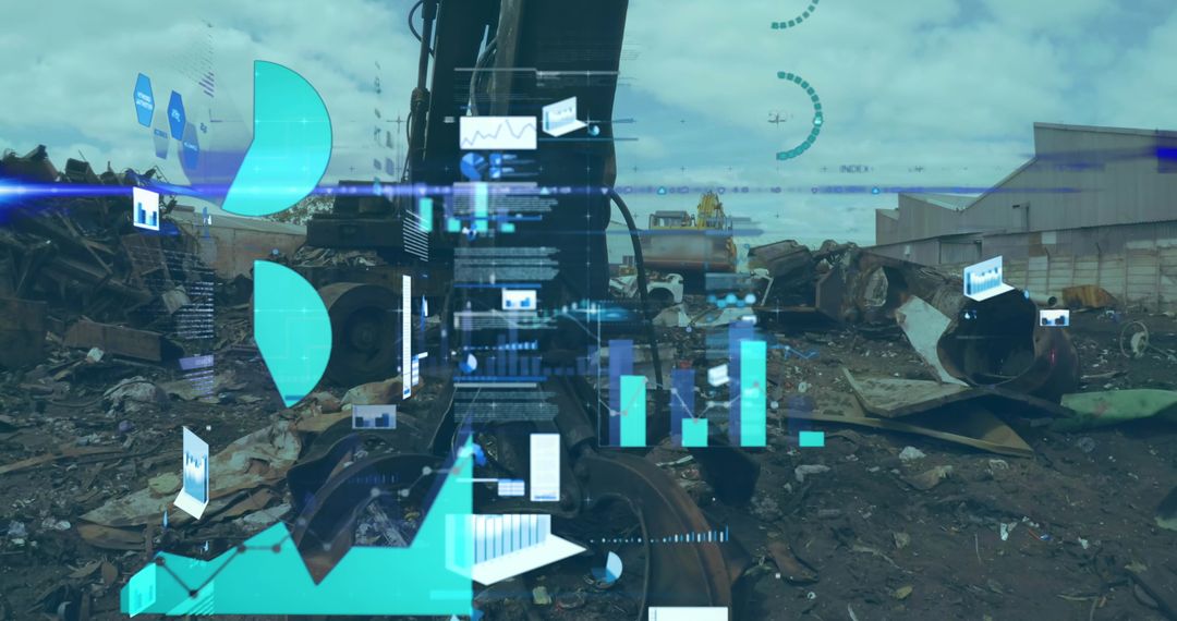 Excavator Claw Analyzing Digital Data in Industrial Scrapyard