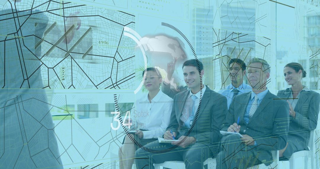 Diverse Business Team in Interactive Presentation with Digital Overlay