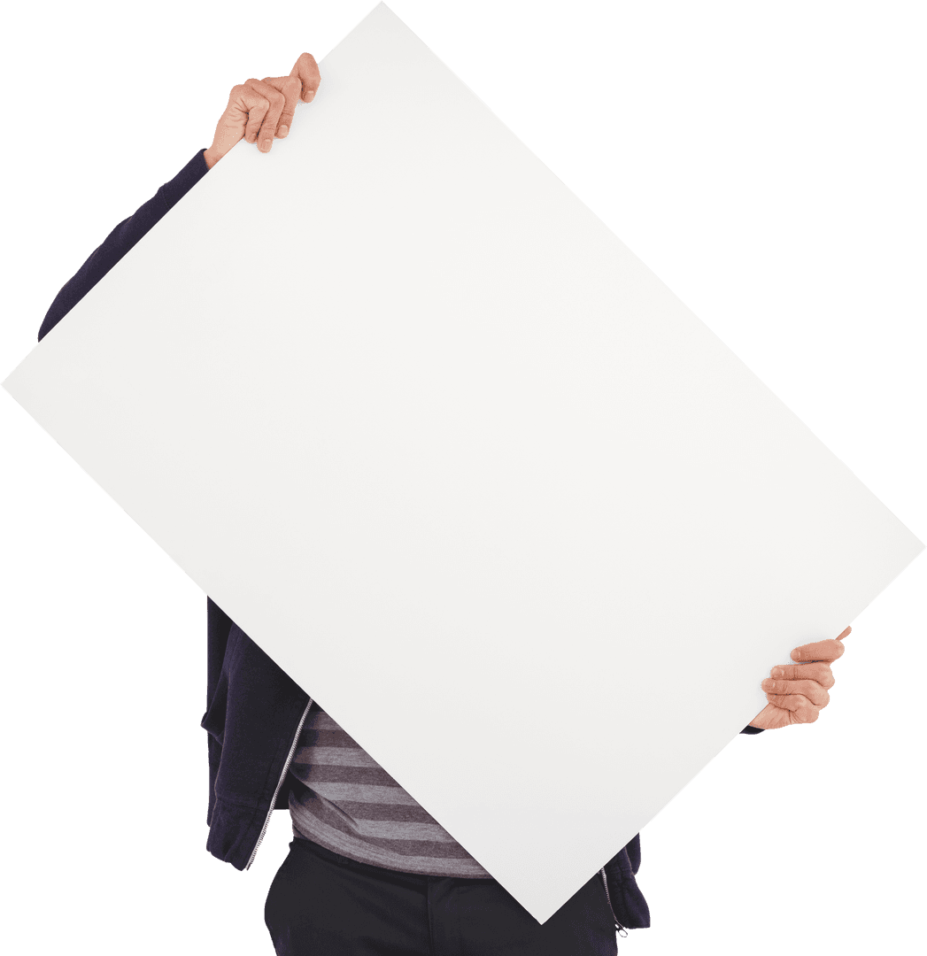 Person Holding Blank Transparent Sign in Front of Face