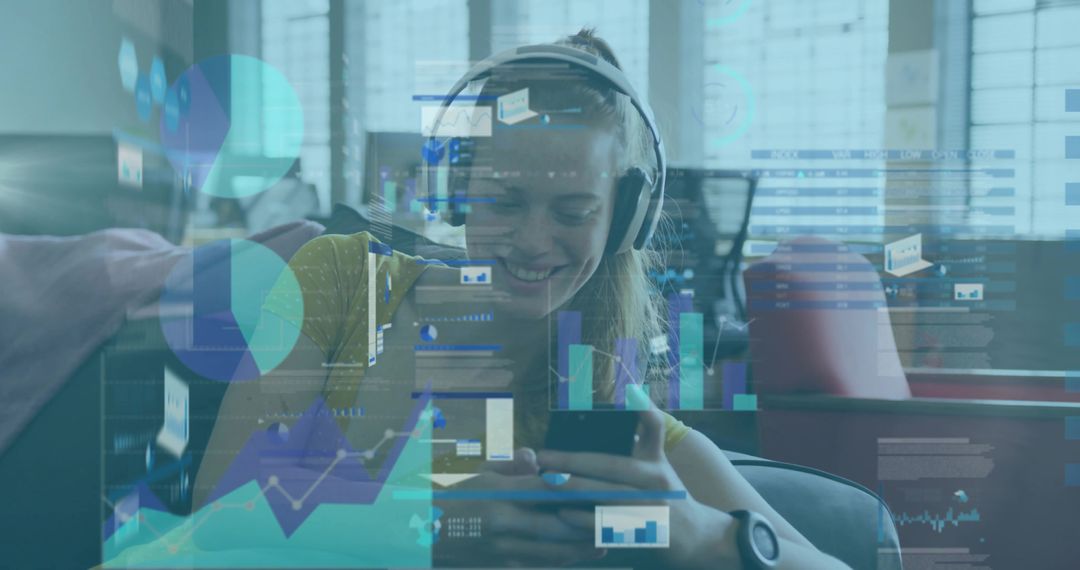 Smiling woman wearing headphones using smartphone with data visualization overlay in modern lounge