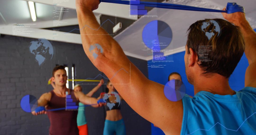 Group Resistance Band Training in Studio, Trainer Leading Strength, Stretching and Mobility