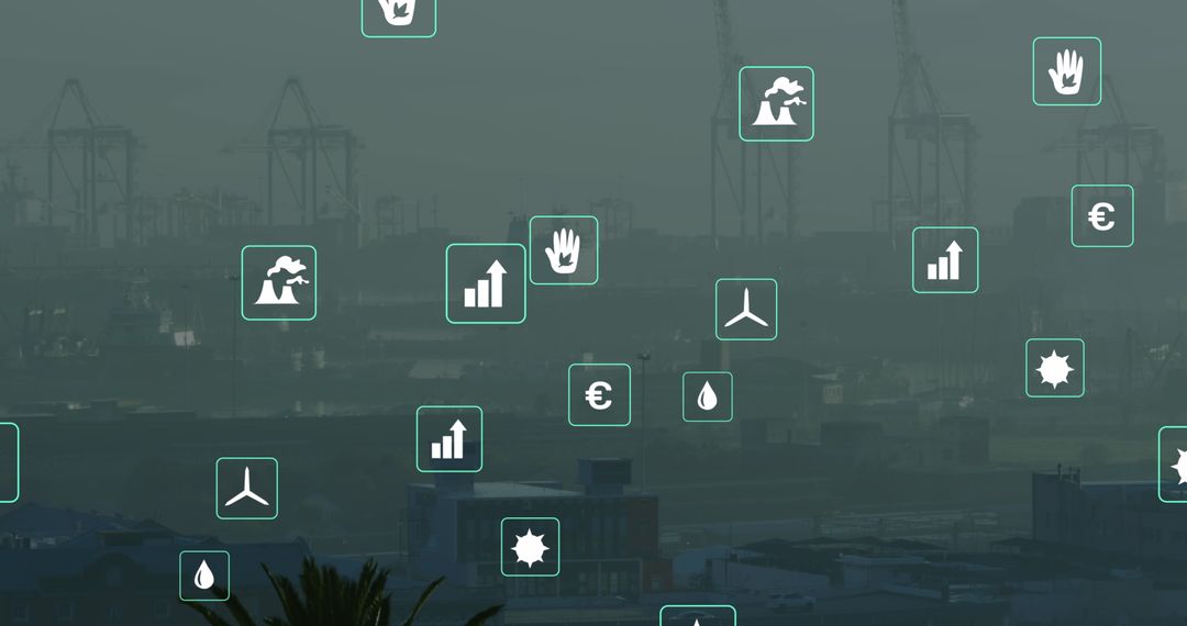 Digital Interface Icons Over Urban Skyline
