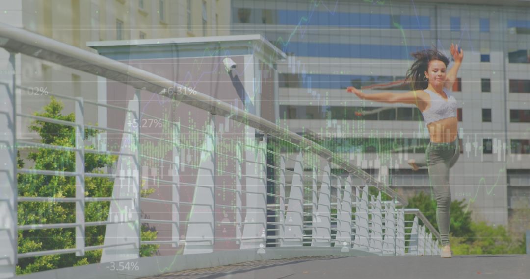 Graceful Jumping Woman on Urban Bridge with Graph Overlay