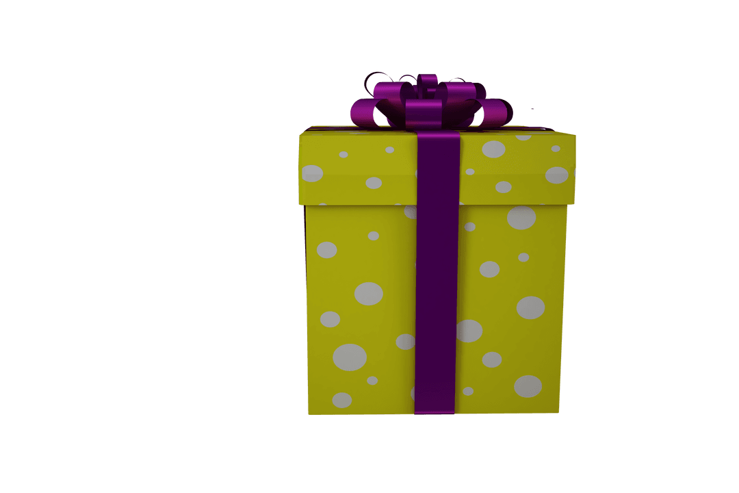 Yellow Gift Box with Purple Ribbon on Transparent Background