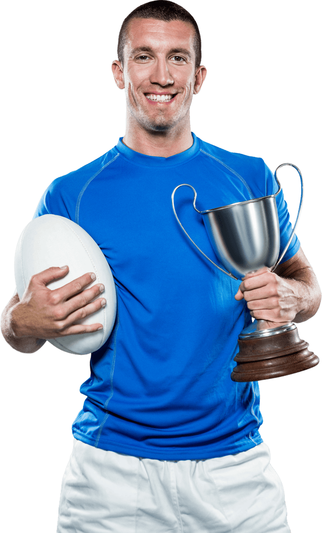 Transparent Rugby Player Holding Trophy Smiling