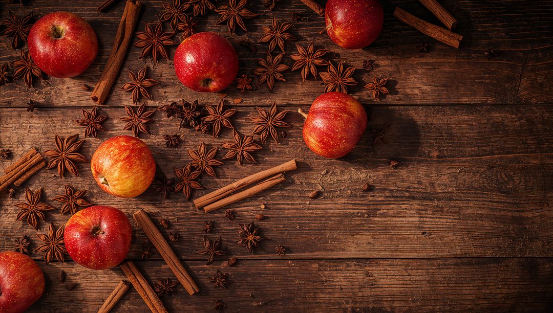 Rustic Autumn Flatlay with Red Apples, Star Anise, Cinnamon Sticks on Weathered Wood