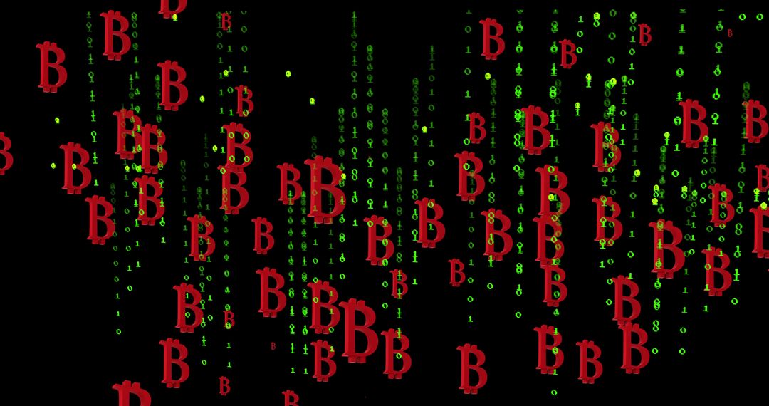 Floating Bitcoin Symbols Over Digital Matrix Background