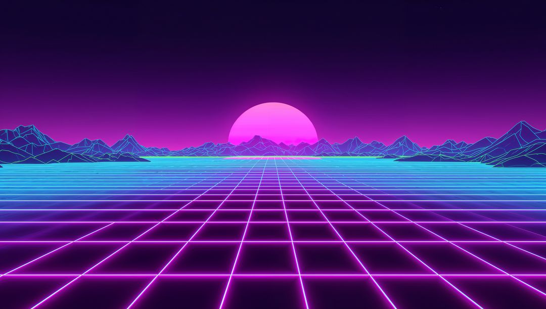 Futuristic Neon Synthwave Landscape with Wireframe Mountains