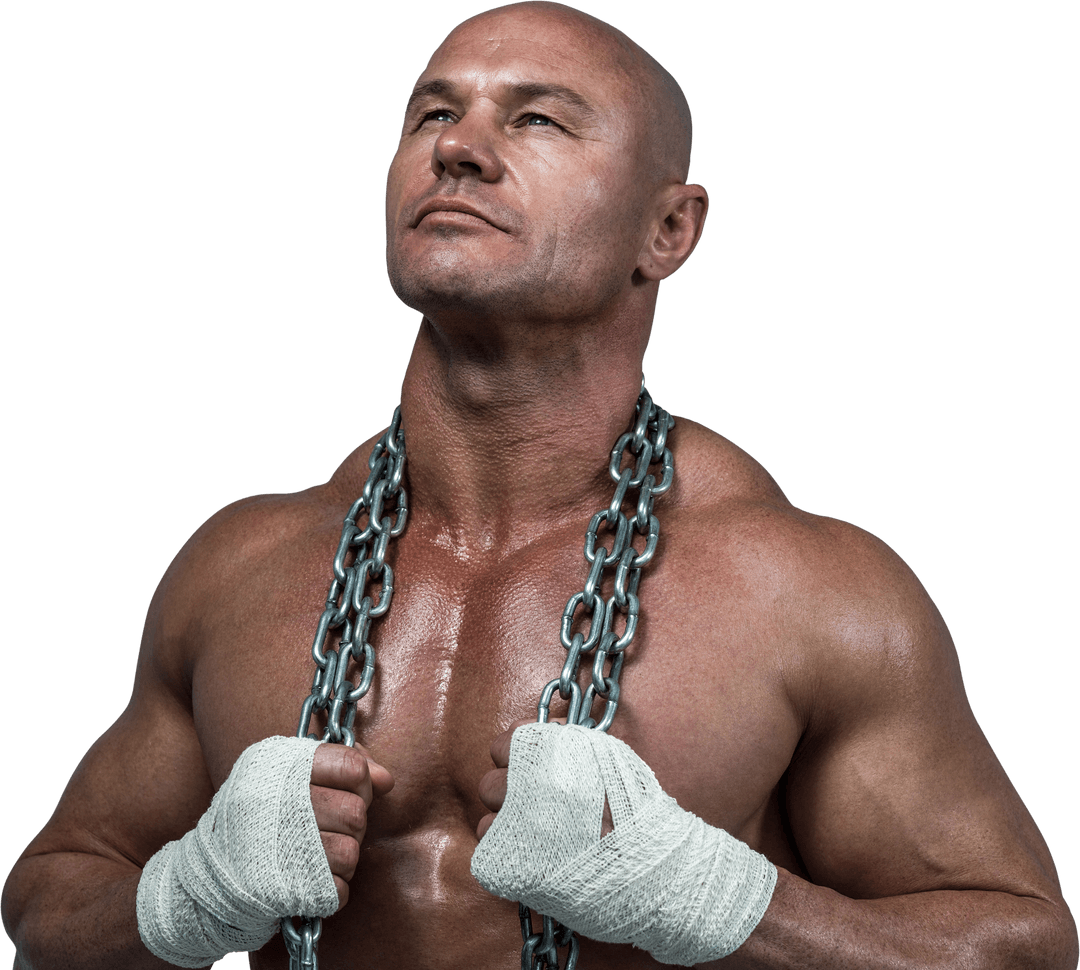 Powerful Bodybuilder Holding Chain Looking Up Transparent Background