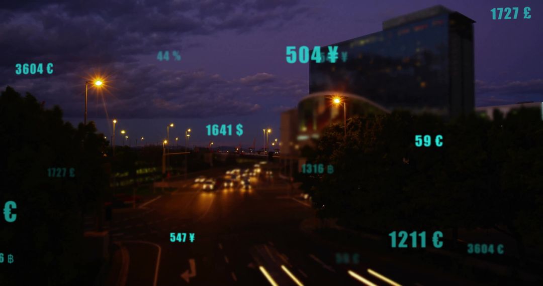 Digital Currencies and Technology Over Urban Highway at Dusk