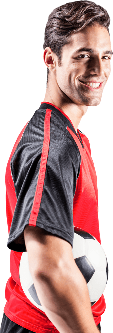 Transparent Soccer Player Smiling Holding Ball in Red and Black Uniform